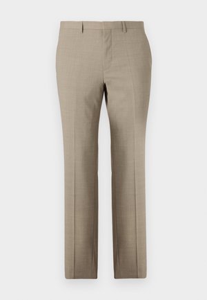 Beige tailored trousers with a smooth texture, straight-leg design, subtle plaid pattern, and flat front. Two back pockets included.