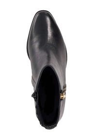 Black leather ankle boot with pointed toe, side zipper, and gold hardware accents. Smooth texture and sleek design.