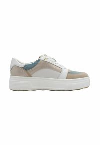 Sneakers platform bianche con un mix di suede e mesh in beige chiaro e dettagli blu, dotati di lacci tondi e suole in gomma testurizzata.