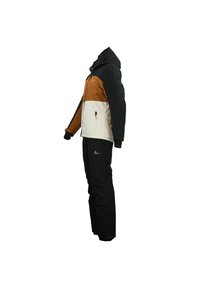Ensemble de veste et pantalon de ski avec un design en blocs de couleurs marron, crème et noir, doté de zips et de poignets ajustables pour un ajustement sécurisé.