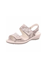 Verstellbare Keilsandalen mit einem gemusterten Textil-Obermaterial, offener Zehenpartie und einer hellen Basis. Sie verfügen über zwei Klettverschlussriemen und eine strukturierte Sohle.