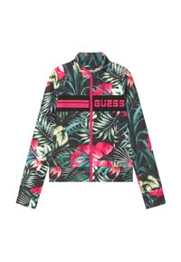 Giacca con zip completa, caratterizzata da motivi di foglie verdi tropicali e rosa, con una striscia orizzontale rosa e nera e il testo "GUESS" sul petto.