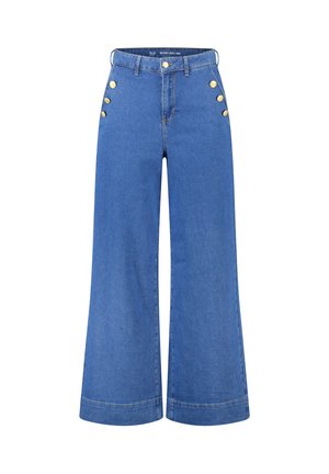 Jean denim bleu coupe large avec six boutons décoratifs dorés près des poches et taille haute, taille 40.