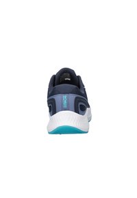 Heren hardloopschoenen in marineblauw met een ademend mesh bovenwerk, een gevoerde kraag, een witte tussenzool en een turquoise accent op de zool.