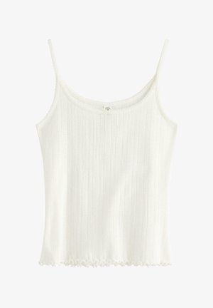 Hvid ribstrikket tanktop med tynde stropper, bølget kant og halsudskæring, lavet af genanvendt materiale.