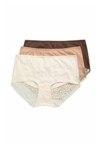 Three pairs of hipster-style underwear in beige, light brown, and dark brown. Each features lace accents on the back. Cotton material.