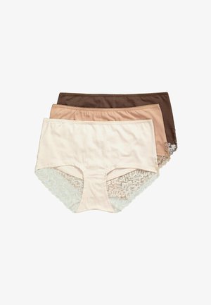 Drie paar hipster-ondergoed in beige, lichtbruin en donkerbruin. Elk met kantaccenten op de achterkant. Gemaakt van katoen.