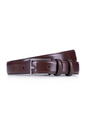 Brauner Leder-Gürtel mit glatter Oberfläche, rechteckiger silberner Schnalle und mehreren Löchern zur Anpassung. Verfügt über ein doppelt geschlungenes Design.