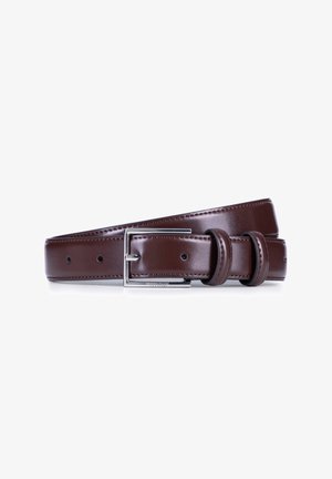 Cintura in pelle marrone con finitura liscia, fibbia rettangolare in argento e molteplici fori per la regolazione. Presenta un design con doppio anello.