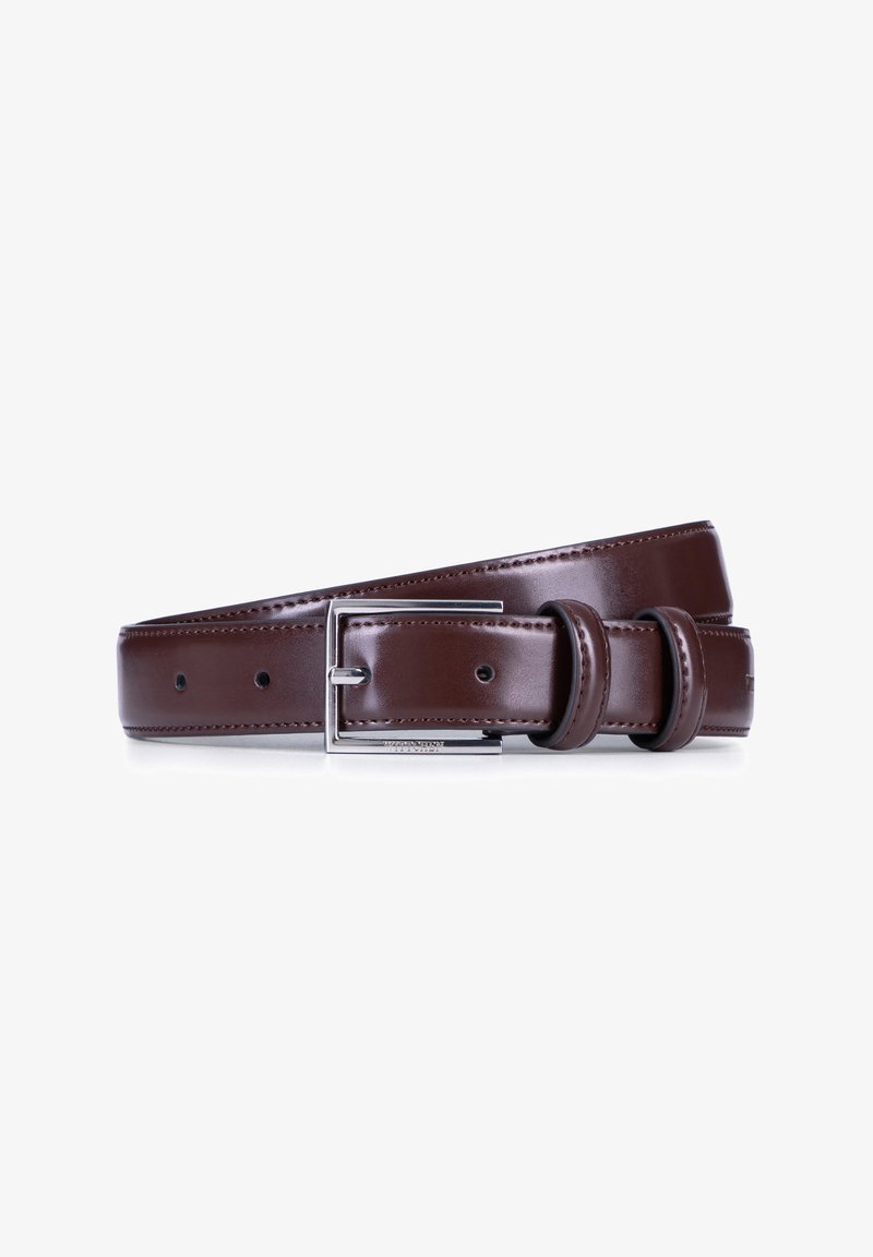 Cinturón de cuero marrón con un acabado liso, hebilla rectangular plateada y múltiples agujeros para ajuste. Presenta un diseño de doble lazo.