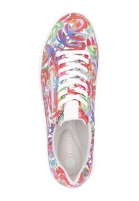 Mehrfarbiger Sneaker mit Blumenmuster, weißen Schnürsenkeln, seitlichem Reißverschluss und weichem grauen Innenfutter. Glattes Material mit glänzender Oberfläche.