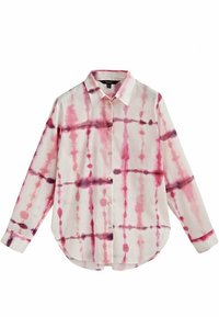 Button-up shirt in white with pink and purple tie-dye pattern, long sleeves, classic collar, and curved hemline. Features small buttons.