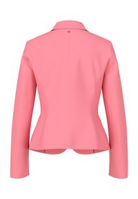 Pink tailored blazer with long sleeves, notched collar, and a fitted silhouette. Features a back vent and subtle stitching detail.