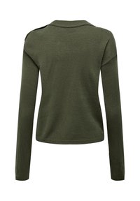 Pull en maille vert foncé à manches longues avec col rond, vu de dos, avec une silhouette légèrement cintrée.