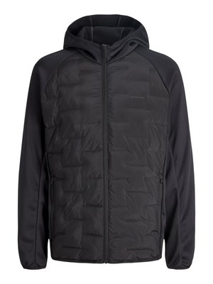 Schwarze Kapuzenjacke mit gepolstertem Vorderteil, glatten Ärmeln, Reißverschluss und zwei seitlichen Reißverschlusstaschen.
