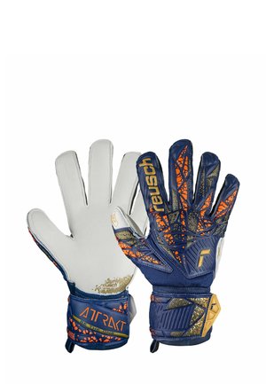 Goalkeeper gloves with white latex palm, blue and orange patterned backhand, gold accents, and elastic wrist closure. "Reusch" branding on the thumb.