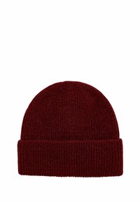 Gorro de punto en rojo oscuro con textura acanalada y puño doblado. Fabricado con material suave y flexible.