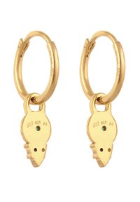 Guld hoop øreringe med en nøgleformet charm med et præget design. Charmerne har små huller for ekstra detaljer og tekstur.