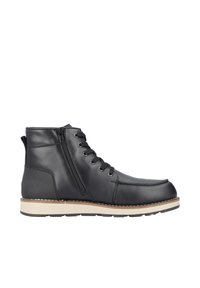 Bottine en cuir noir avec un laçage à l'avant et une fermeture éclair sur le côté. Présente une semelle beige et une surface texturée avec des accents de couture.
