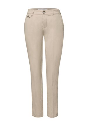 Pantalon beige à jambes droites avec bouton frontal, poches latérales et petit détail de poche à rabat sur la taille droite.