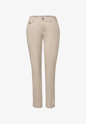 Pantalon beige à jambes droites avec bouton frontal, poches latérales et petit détail de poche à rabat sur la taille droite.
