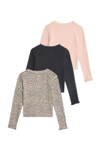 Drei langärmlige Oberteile: eines in hellrosa, eines in schwarz und eines in beige mit einem Leopardenmuster. Sie verfügen über geglättete Bündchen und einen runden Halsausschnitt.
