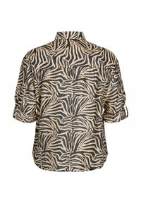 Chemise à manches courtes en tissu tissé avec un imprimé zèbre noir et crème, dotée d'un empiècement au dos et de détails de revers roulés.