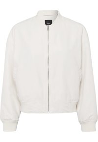 Veste bomber blanche avec un col rond, une fermeture éclair à l'avant et des poignets élastiques. Tissu lisse avec une coupe décontractée et des poches latérales.