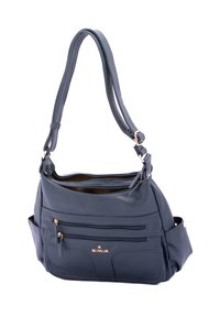 Borsa a spalla in pelle blu scuro con finitura testurizzata, due tasche con zip frontali e tracolla regolabile. Accenti in metallo dorato presenti.