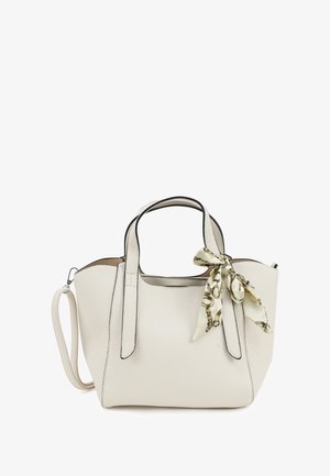 White leather handbag with textured finish, structured shape, black trim, dual handles, and a decorative silk scarf tied at the front.