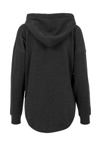 Sweat à capuche gris foncé à manches longues avec une coupe décontractée, des poignets côtelés et un ourlet arrondi, vu de dos sur un fond blanc.