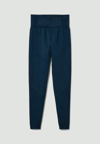 Granatowe legginsy sportowe z teksturowanym pasem, gładkim materiałem oraz siatkowanymi akcentami po bokach i dolnej części nóg.