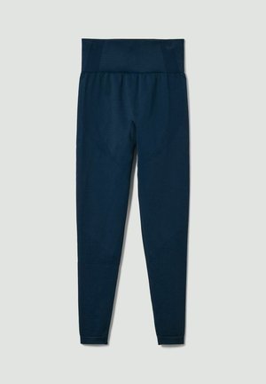 Leggings deportivos de color azul marino con una cinturilla texturizada, tela suave y acentos de patrón de malla a lo largo de los costados y la parte inferior de las piernas.