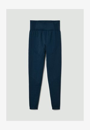 Leggings deportivos de color azul marino con una cinturilla texturizada, tela suave y acentos de patrón de malla a lo largo de los costados y la parte inferior de las piernas.