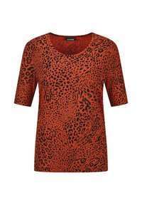 Red short-sleeve top featuring a black leopard print pattern, round neckline, and soft cotton material.