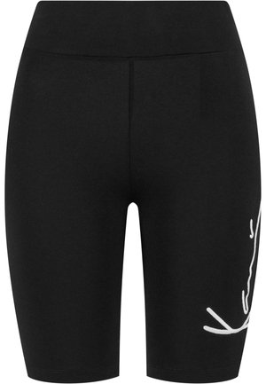 Black cotton bike shorts with a smooth texture, featuring a white embroidered design on one side and a high waistband.