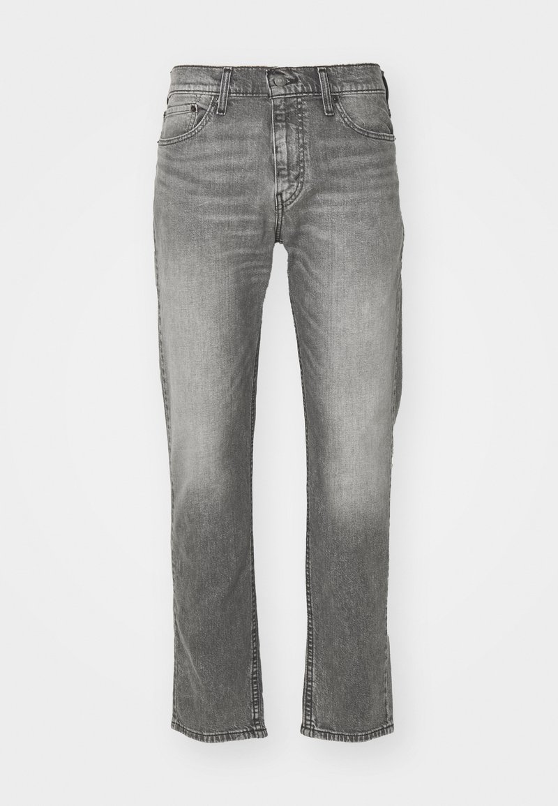 Jeans in denim grigio con taglio dritto, dotati di chiusura con bottone, cinque tasche e cuciture a contrasto lungo le cuciture.