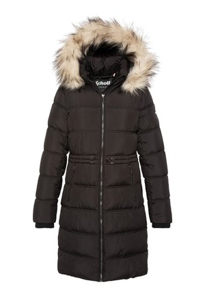 Cappotto invernale lungo e nero, imbottito, con zip frontale, vita regolabile con cordoncino, tasche con zip e cappuccio staccabile foderato in pelliccia beige.
