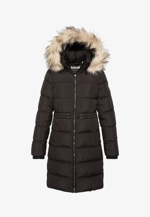Zwarte lange gewatteerde winterjas met voorrits, trekkoord in de taille, ritszakken en een afneembare capuchon gevoerd met beige bont.