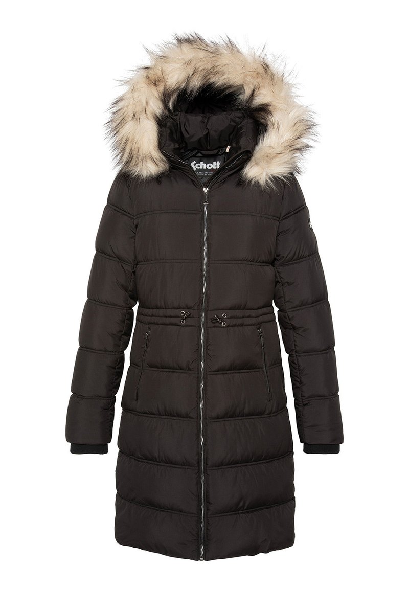Zwarte lange gewatteerde winterjas met voorrits, trekkoord in de taille, ritszakken en een afneembare capuchon gevoerd met beige bont.
