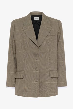 Ruskea ja musta ruudullinen bleiseri leveillä kauluksilla, kolmella edessä olevalla napilla, läppätaskuilla ja pitkillä hihoilla, joiden alta näkyvät valkoiset kauluspaidanhihansuut.