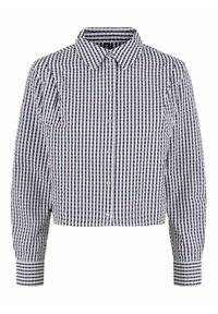 Camicia a maniche lunghe in cotone blu e bianco a quadri, con colletto e dettagli ai polsini.