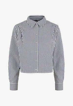 Afskåret skjorte med knapper i navy og hvid gingham ternet mønster, med krave og lange ærmer med manchet detaljer.