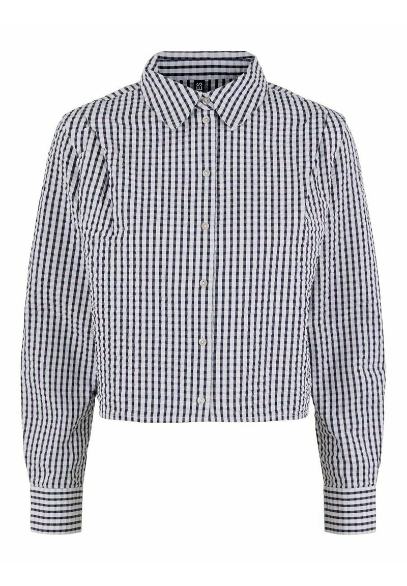 Camicia a maniche lunghe in cotone blu e bianco a quadri, con colletto e dettagli ai polsini.