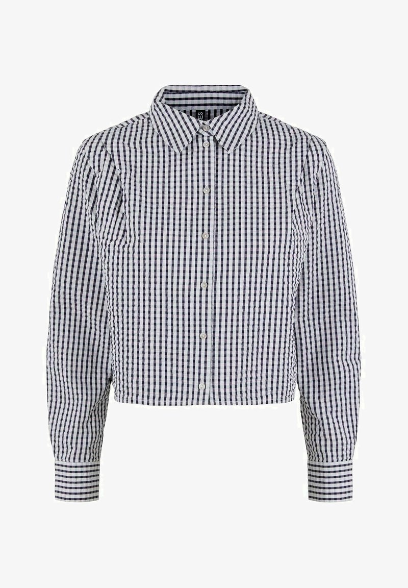 Camicia a maniche lunghe in cotone blu e bianco a quadri, con colletto e dettagli ai polsini.
