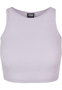 Débardeur court côtelé lilas avec encolure ronde et sans manches, étiqueté Urban Classics, taille XS.