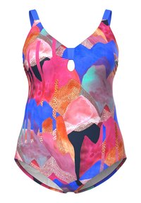Värikäs yksiosainen uimapuku eri sävyissä vaaleanpunaista, sinistä ja oranssia, jossa on abstrakteja kuvioita, leikkaus yksityiskohta ja säädettävät hihnat.