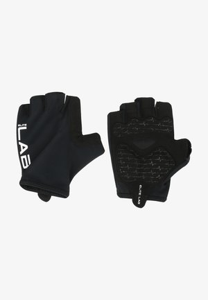 Sorte fingerløse cykelhandsker med polstret håndflade, struktureret greb og elastisk manchette. Har hvid branding på bagsiden.