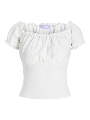 Bela bluzica brez naramnic s kratkimi naborki, z teksturiranim materialom in vzorci na očesa ter prilegajočim zgornjim delom. Vidna oznaka blagovne znamke.