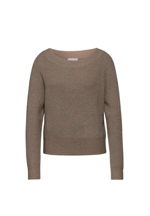 Bruine gebreide trui met een brede bootnek, geribde mouwen en onderkant, met een gestructureerd patroon en een licht cropped ontwerp.
